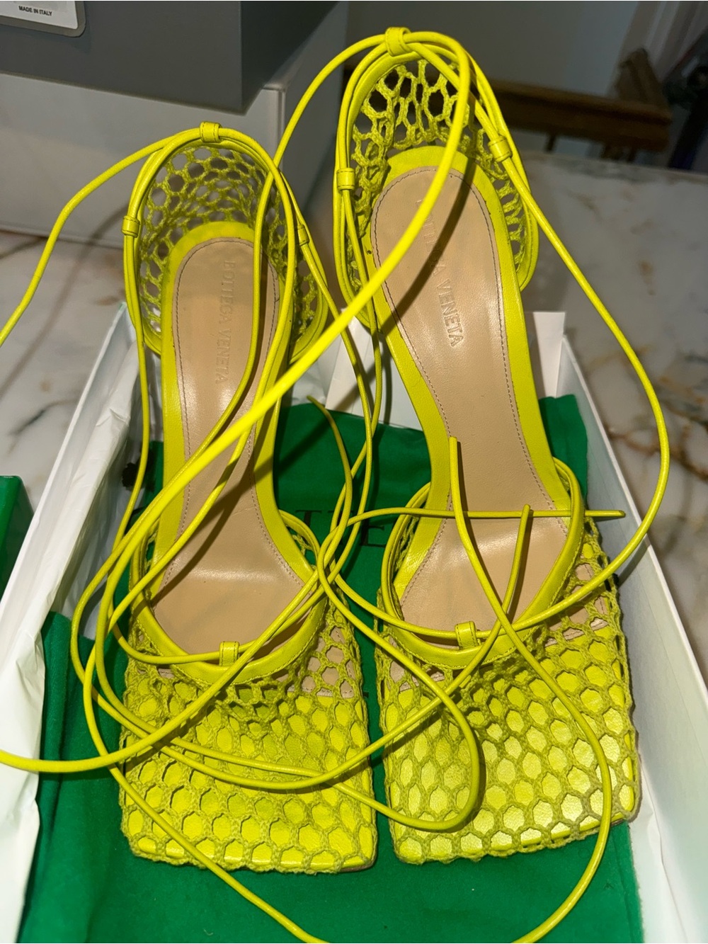 Bottega Veneta Yellow Lace-Up Mesh Sandals